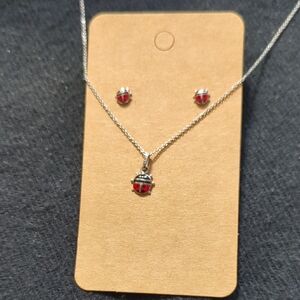 Sterling Silver Black Red Enamel Ladybug Dainty Pendant Necklace and Earring Set